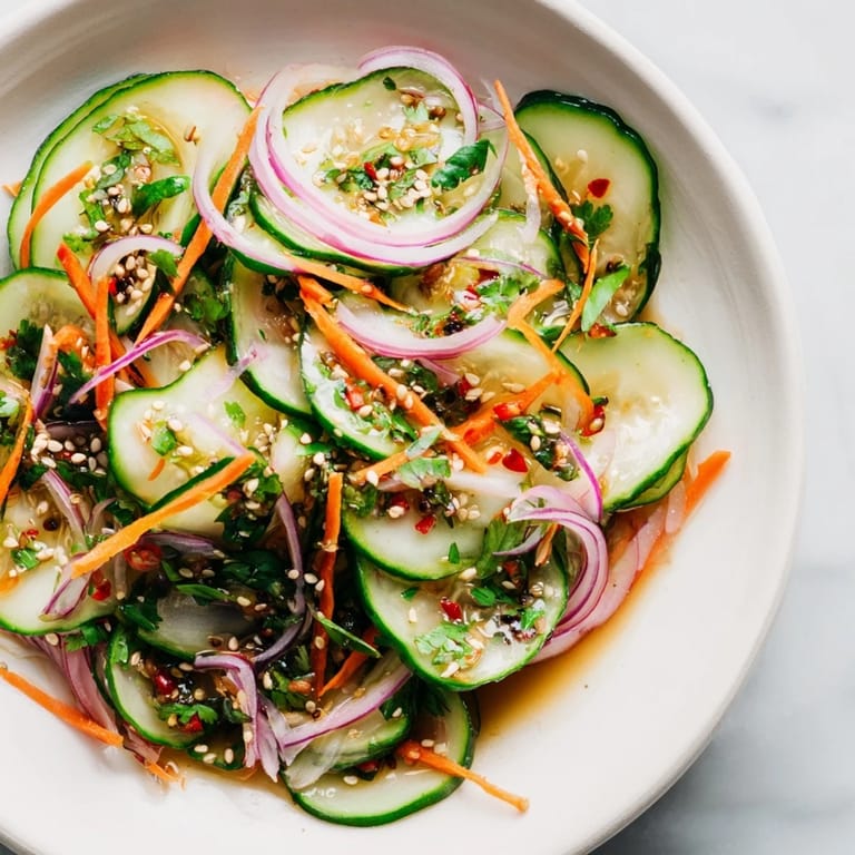 Savory cucumber salad remix featuring Asian flavors and vibrant vegetables served chilled.