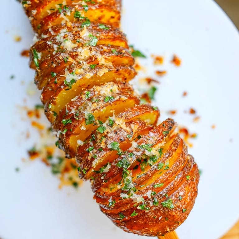 Spiral-cut potatoes on skewers, perfectly seasoned and golden brown from air frying.  