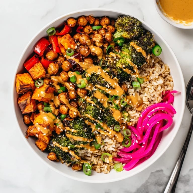 Customizable Bold Sauce Drizzle Bowls topped with chickpeas and spicy gochujang-maple.  