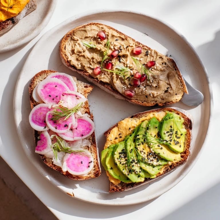 Delicious breakfast toasts featuring creamy avocado and colorful toppings for morning delight.  