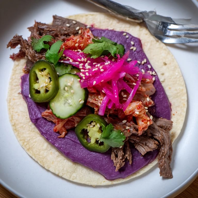 Delicious Global Street-Food Fusion Tacos filled with spicy meat and creamy goodness.