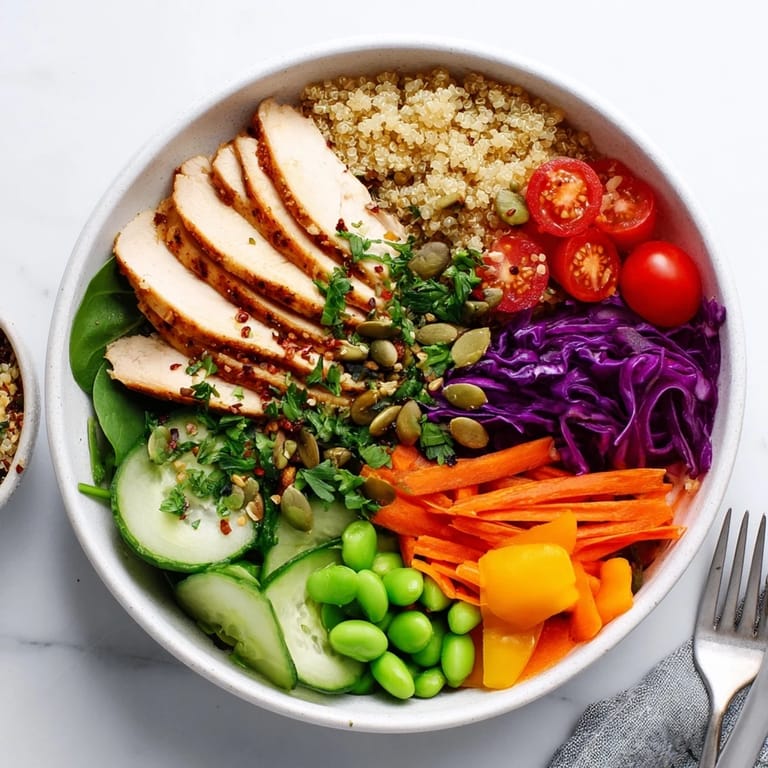Nutrient-packed healthy meal-prep bowls featuring quinoa, chicken, and rainbow vegetables.