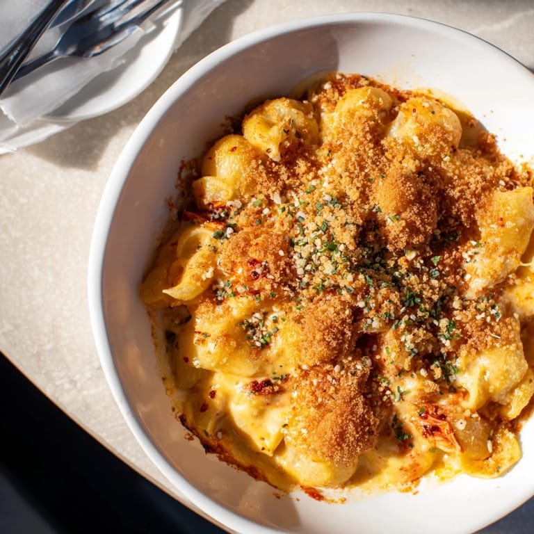 Bold Spicy Kimchi Mac & Cheese with melty cheeses and a crunchy topping.