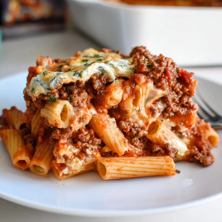 Comfort food delight: baked ziti with meat sauce served in a family-style platter.  
