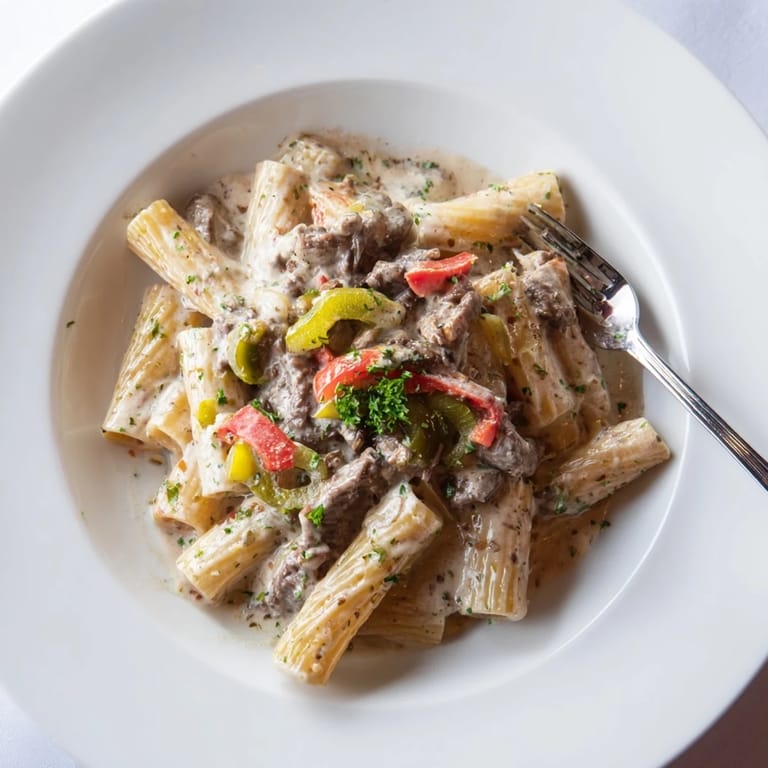Sizzling Philly Cheese Steak Pasta featuring ribeye, peppers, and rich cheese sauce delightfully mixed.