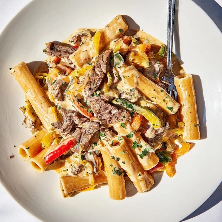 Creamy Philly Cheese Steak Pasta garnished with fresh parsley and colorful sautéed vegetables.  