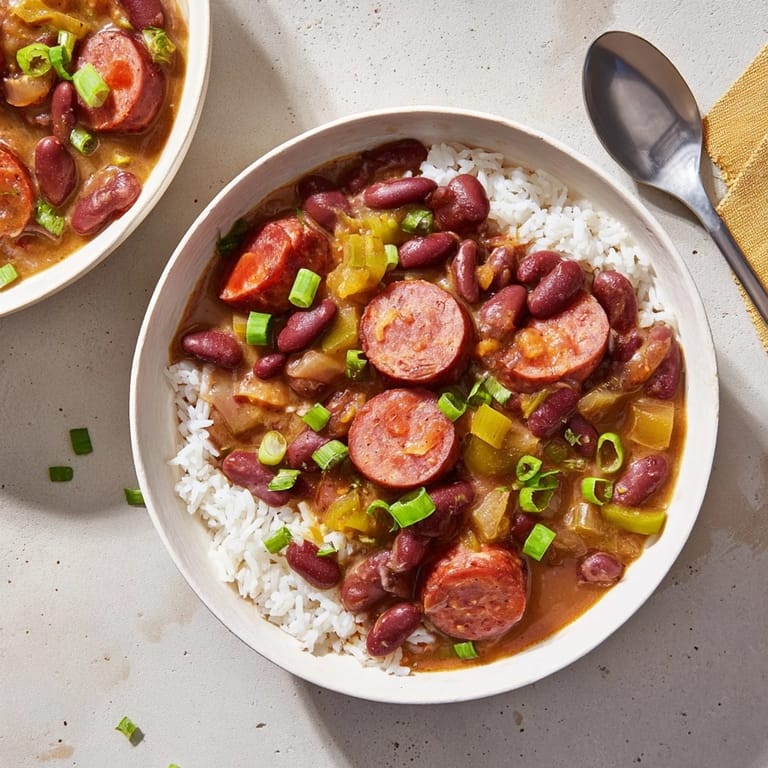 Savory Red Beans & Rice, a Creole classic garnished with parsley and hot sauce.