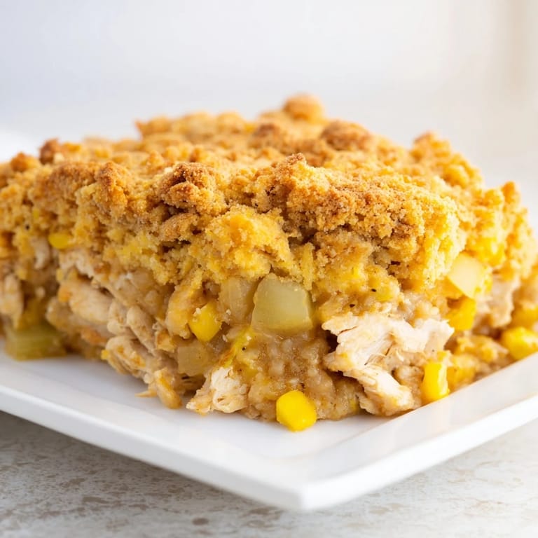 A close-up shot of a bubbling Southern Cornbread Chicken Casserole with a perfect golden crust.