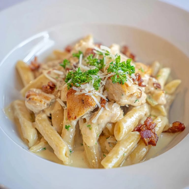 A flavorful bowl of Ranch Chicken & Bacon Penne shows the tender chicken and bacon's inviting textures.