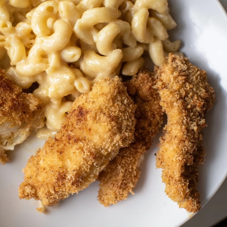 Perfectly cooked crispy chicken tenders with rich, cheesy macaroni – a delightful family dinner.