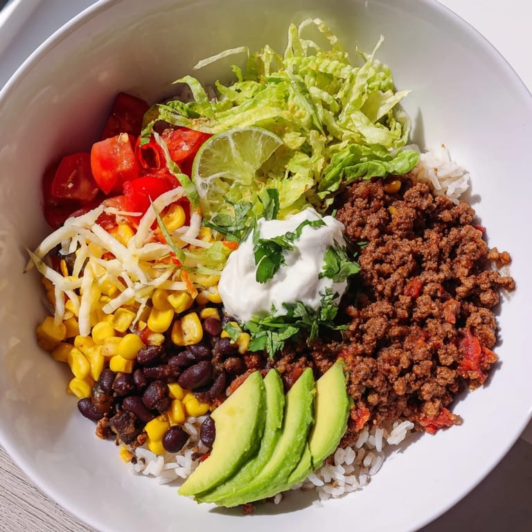Close-up of a loaded beef burrito bowl, showcasing the textures and vibrant colors of fresh ingredients.