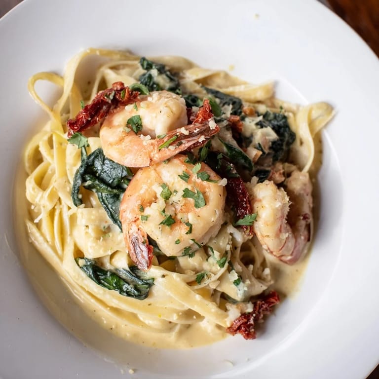 A steaming bowl of Tuscan Garlic Shrimp Pasta, showcasing vibrant shrimp and sauce textures.