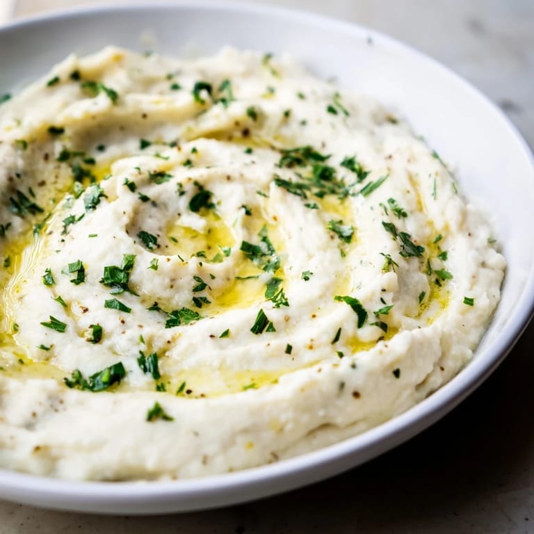 Fluffy cauliflower mash, a flavorful side dish, speckled with green chives and fresh herbs.