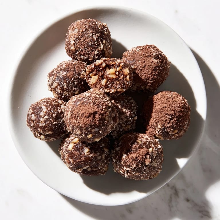 A close-up reveals luscious Date & Walnut Truffles, rolled in dark cocoa, ready to enjoy.