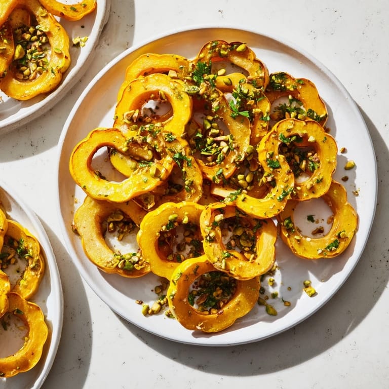 Perfectly cooked Baked Delicata Squash Rings, with a sweet maple glaze, offer a delightful vegetarian side.
