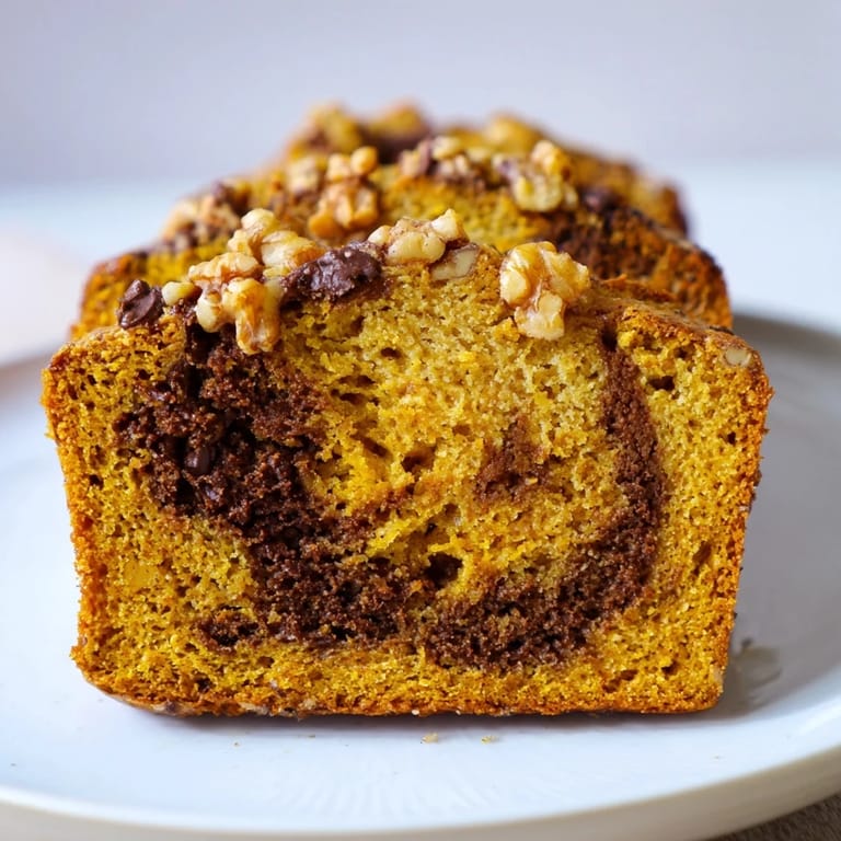 A slice of moist pumpkin bread featuring rich fall flavors, perfect for a cozy afternoon snack.