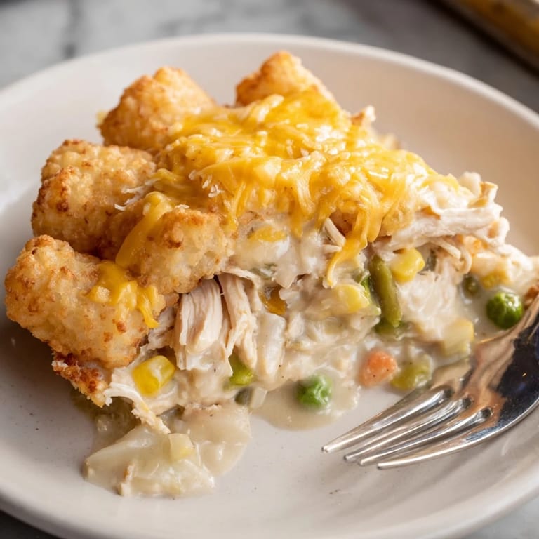 Warm, hearty Tater Tot Chicken Pot Pie with shredded chicken and mixed vegetables, perfect comfort food.
