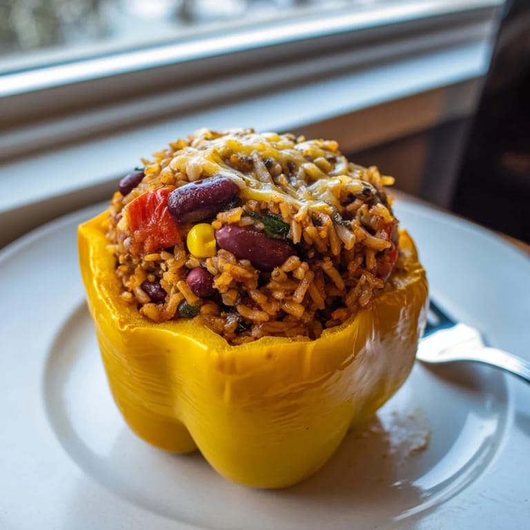 Golden brown, baked Stuffed Bell Peppers overflowing with a flavorful, rich filling, ready to serve!