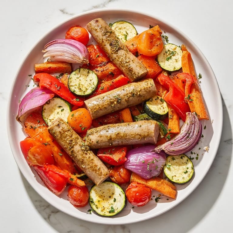 Golden-brown sheet-pan roasted veggies and sausage, perfect for a flavorful and healthy weeknight meal.