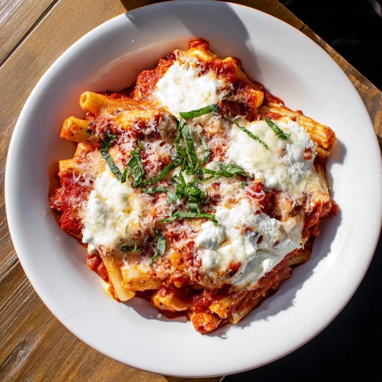 Golden brown and bubbling, this One-Pan Baked Ziti shows off its cheesy, delicious Italian flavors.