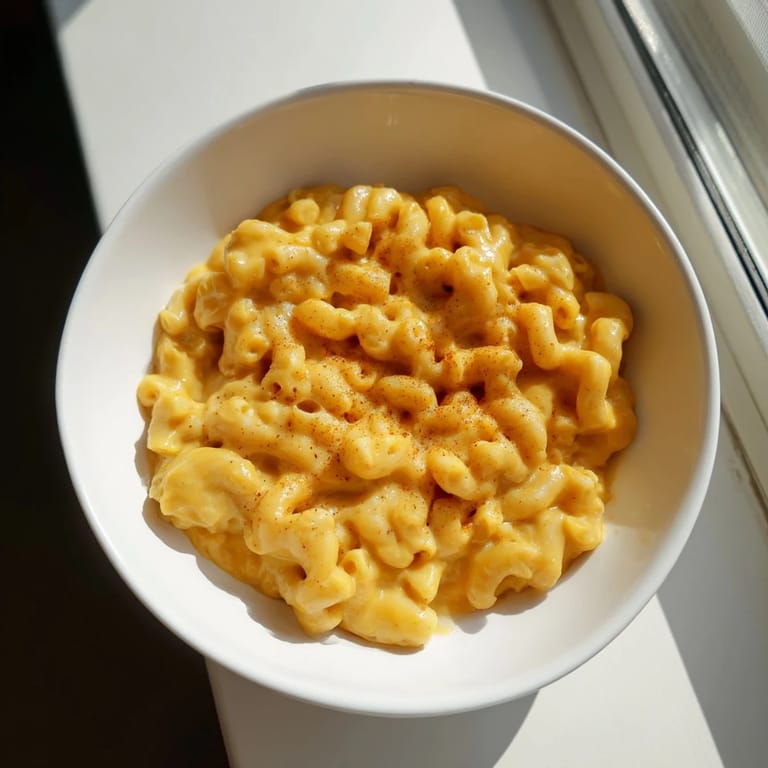 A flavorful close-up of one-pot butternut squash mac & cheese, garnished with melted cheese and ready to eat.