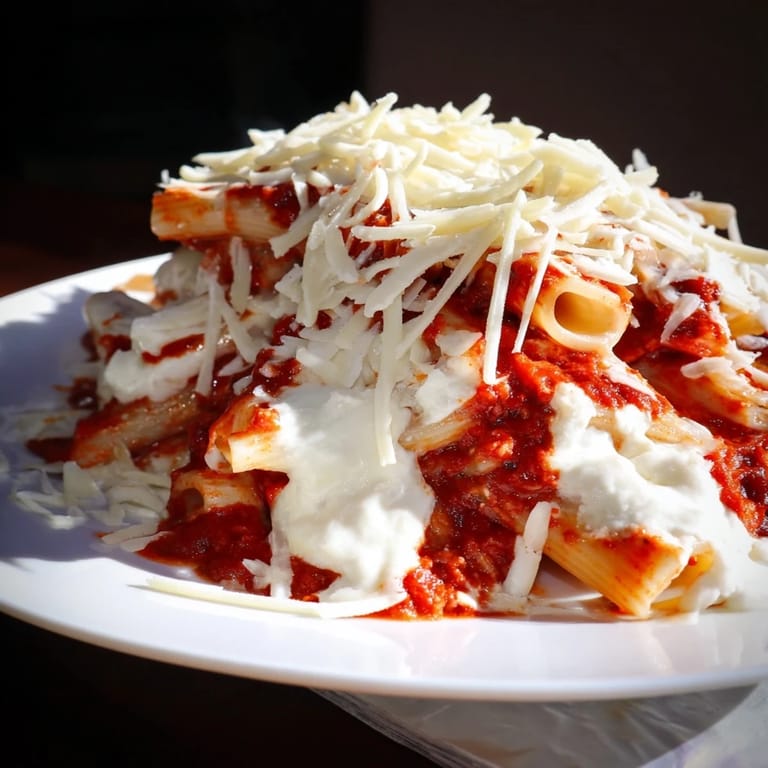 Perfectly cooked slow cooker baked ziti, showcasing layers of pasta, creamy ricotta, and golden-brown melted cheese.