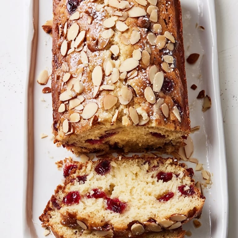 A slice of moist Cherry Almond Loaf Cake, showing the cherries and almonds baked inside this quick bread.