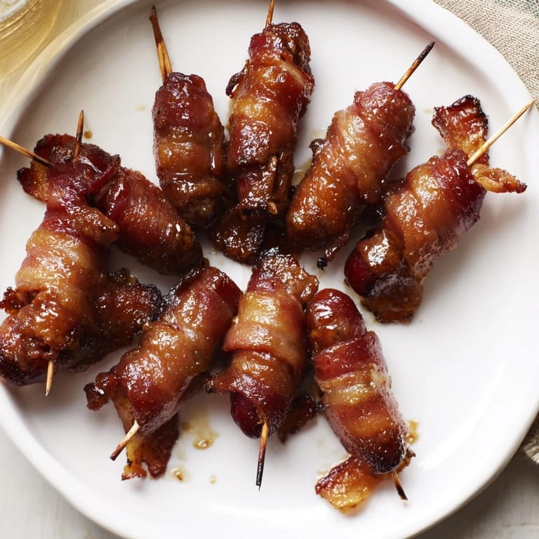 Golden, savory 3-Ingredient Bacon-Wrapped Smokies, bacon wrapped around juicy sausages perfect for game days.