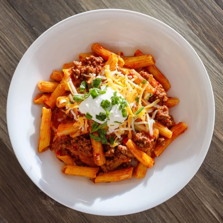 Steaming Easy Beef Enchilada Pasta, showcasing rich enchilada sauce with melted cheddar and penne.