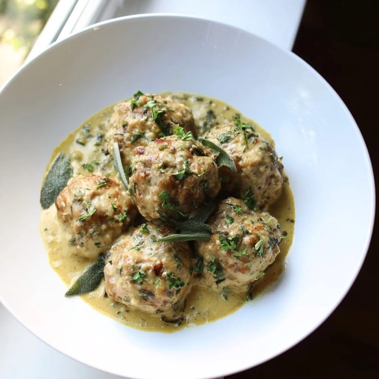 Creamy pumpkin sage sauce coats tender turkey meatballs, perfect for a flavorful autumn dinner.