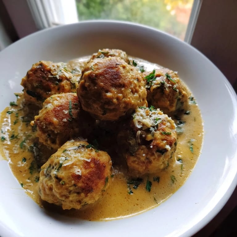 Close-up of savory turkey meatballs in pumpkin sage sauce, ready to be served.