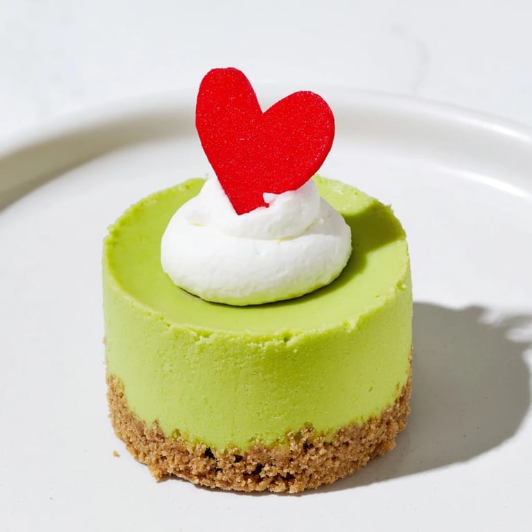 A close-up of creamy, vibrant Grinch Mini Cheesecakes, perfect for a Christmas dessert with Oreo crust.