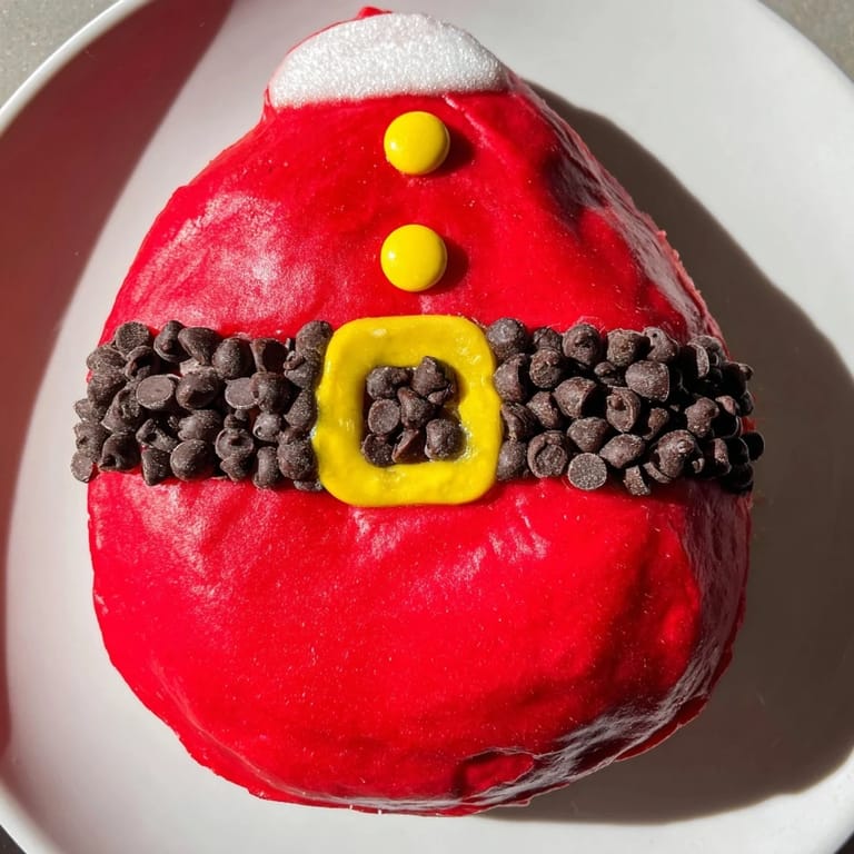 Close-up of bright-red Santa Belly Donuts, showcasing their belt decorations and fluffy texture.