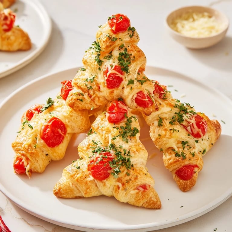 Flaky, cheese-filled Budget Christmas Crescent Roll Trees, topped with bright red tomatoes, a perfect holiday appetizer.