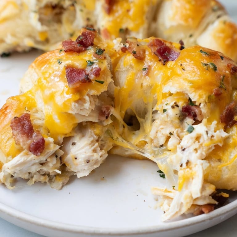 Savory Cheesy Chicken and Bacon Crescent Rolls feature a crispy, flaky crust filled with flavorful ingredients.