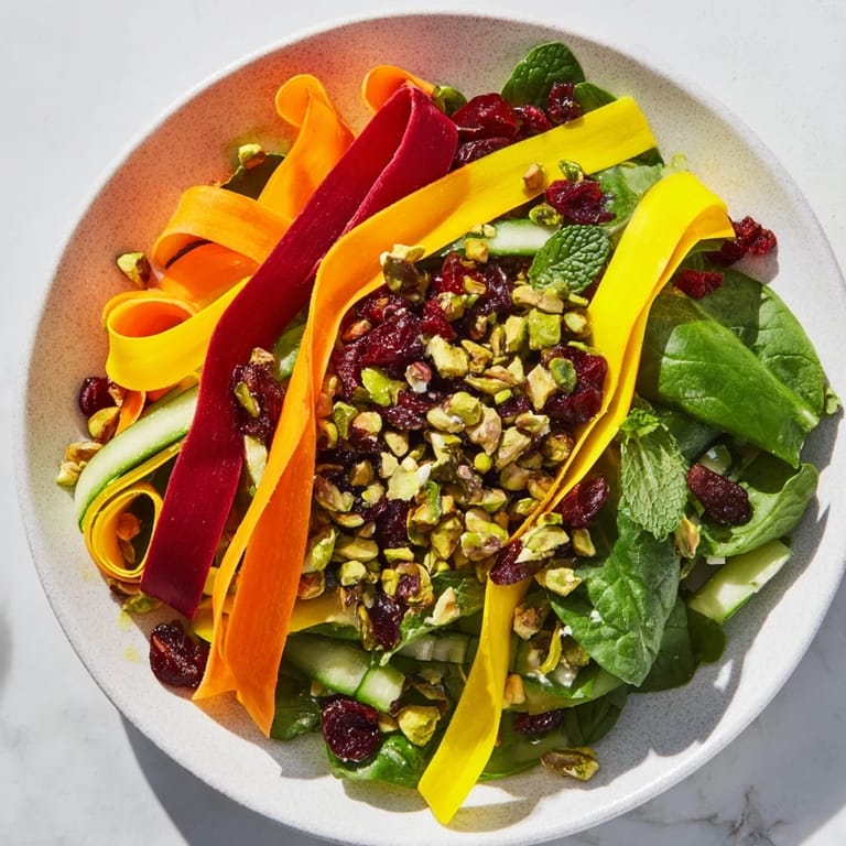 Vivid layers of fresh vegetables in a layered Pistachio and Cranberry Ribbon Salad, ready to serve and enjoy.