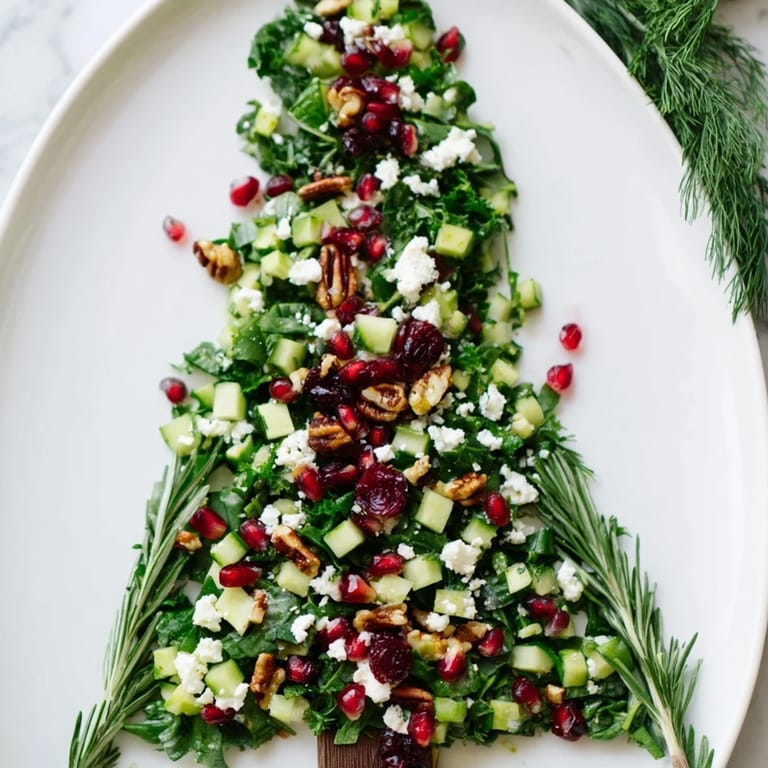 Holiday-themed Cranberry & Feta Cheese Tree Dip Salad with fresh herbs and crunchy pecans for dipping.