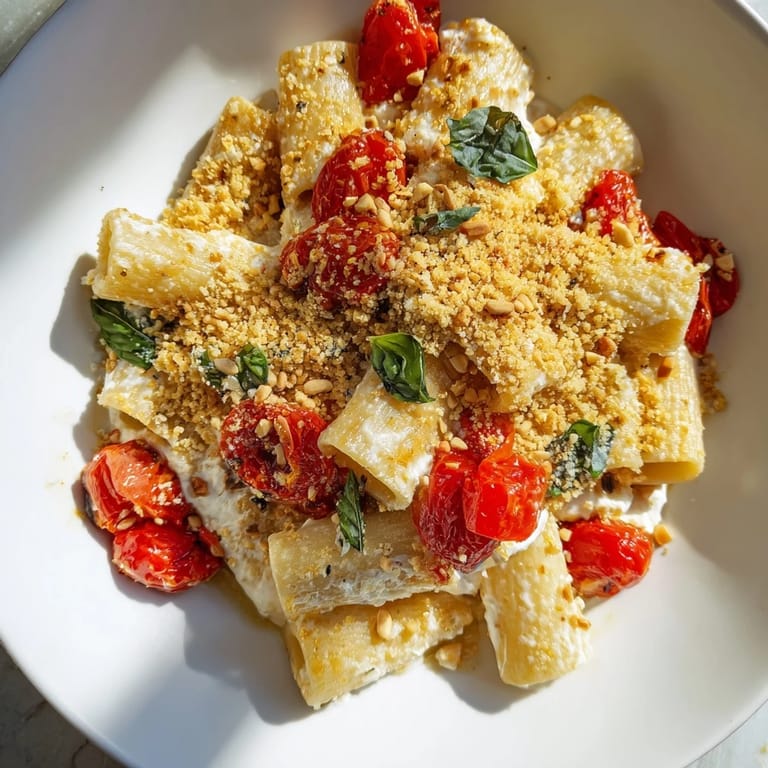 Golden-topped Baked Goat Cheese Snowflake Tomato Basil Pasta with blistered tomatoes and fresh basil garnish, looks delicious.
