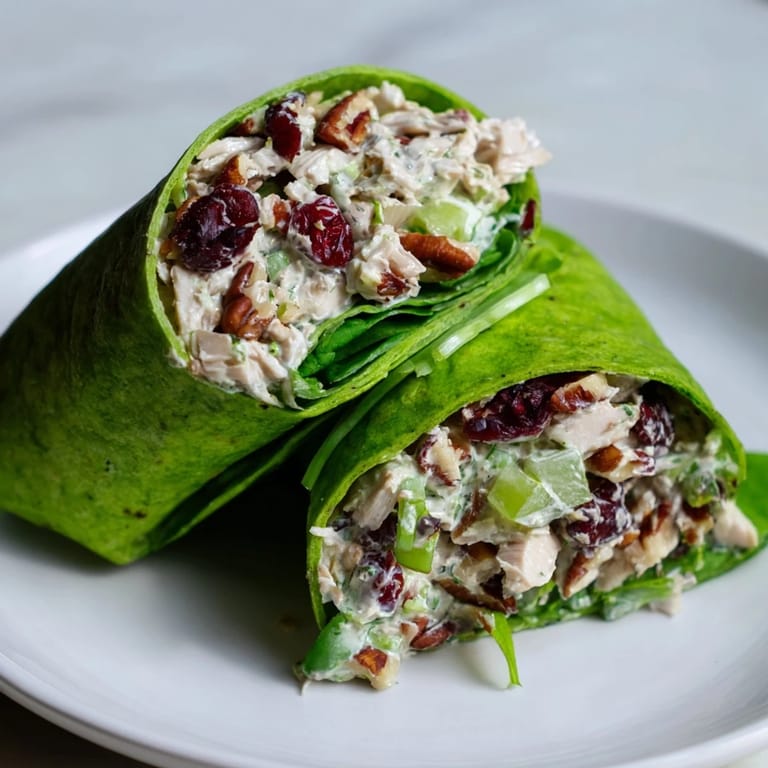 Golden-brown toasted pecans mingle with this creamy Cranberry Pecan Chicken Salad Christmas Wrap.
