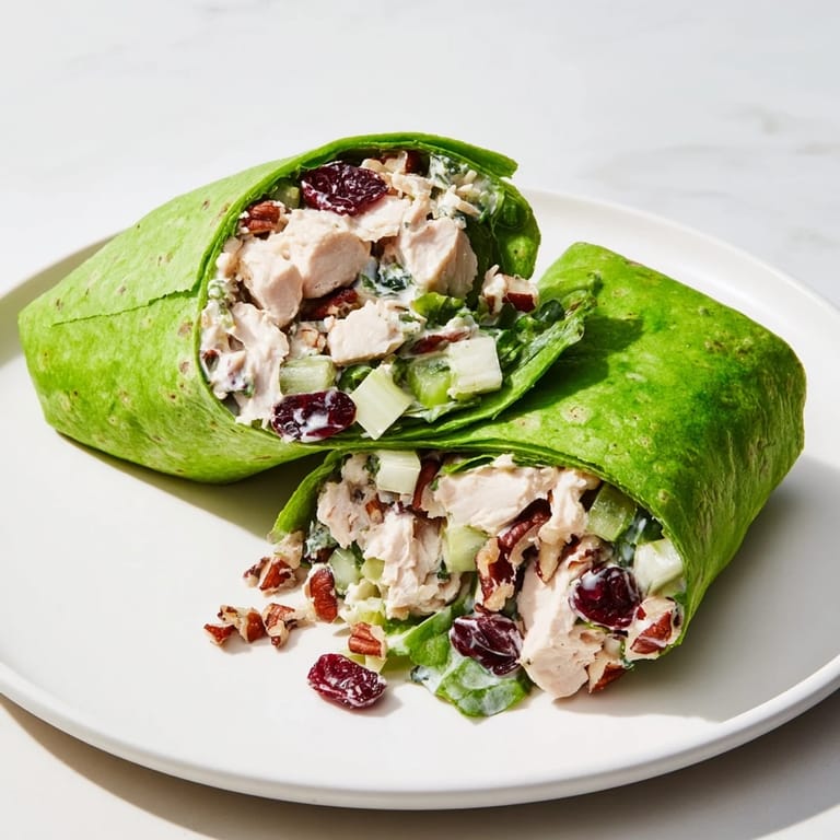A beautifully presented Cranberry Pecan Chicken Salad Christmas Wrap, cut in half for easy snacking at holiday gatherings.