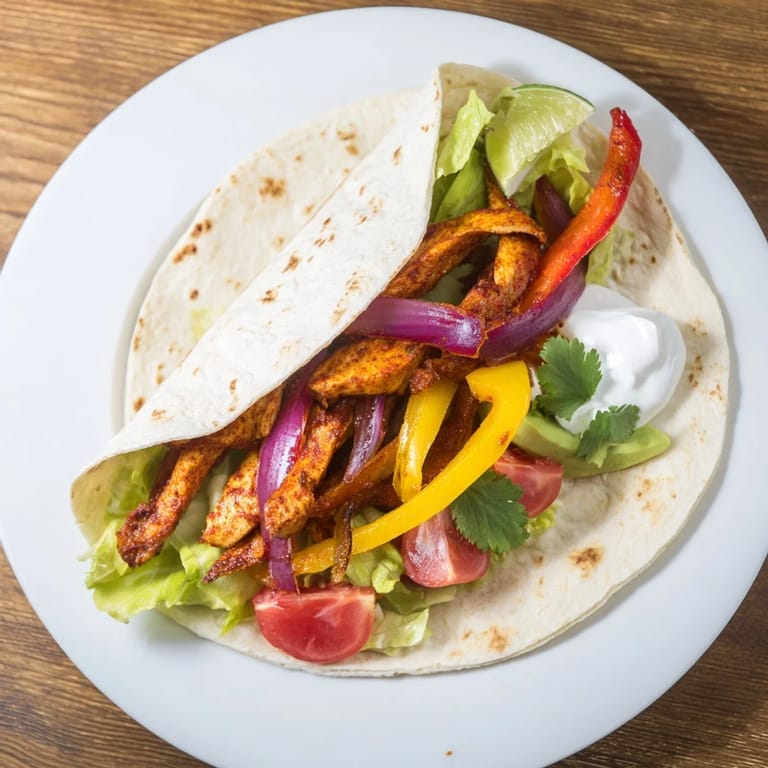 See Sheet-pan fajita chicken rainbow wrap ingredients: warm tortillas filled with delicious, fresh, and colorful toppings.