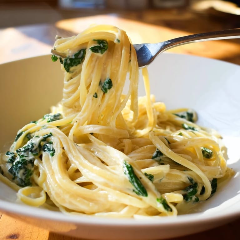 Warm, creamy bowl of Creamy Greek Yogurt Spinach Alfredo Pasta, smelling of garlic and fresh herbs.