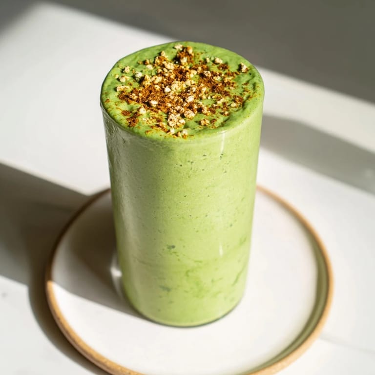 Frothy, blended Matcha Snickerdoodle Protein Shake, offering a perfect, energy-filled, pre-work morning drink.