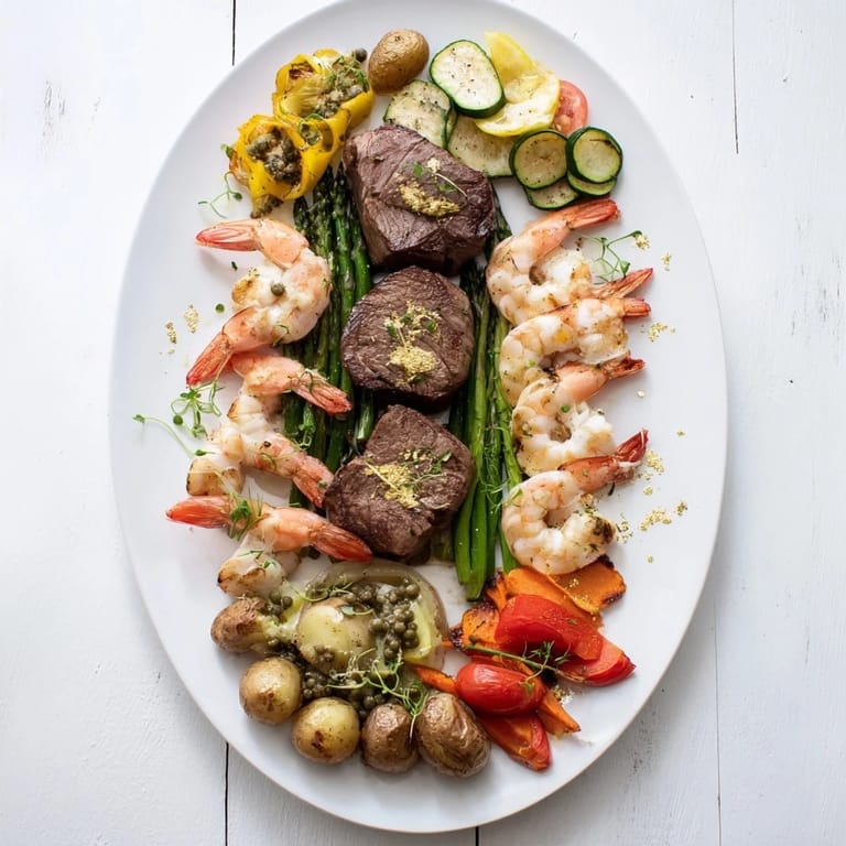 This Golden Heart Luxury Platter image highlights the rich colors of cooked shrimp and fresh asparagus, ready to serve.
