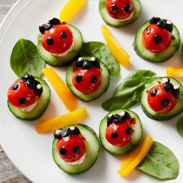 A vibrant Ladybug Garden Platter appetizer featuring colorful veggies and mozzarella, perfect for parties.