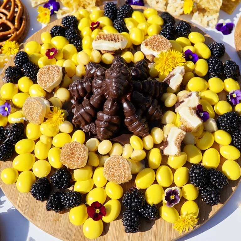 A playful Bumblebee Candy Board featuring an array of candies and honeycomb, ready to serve and enjoy.