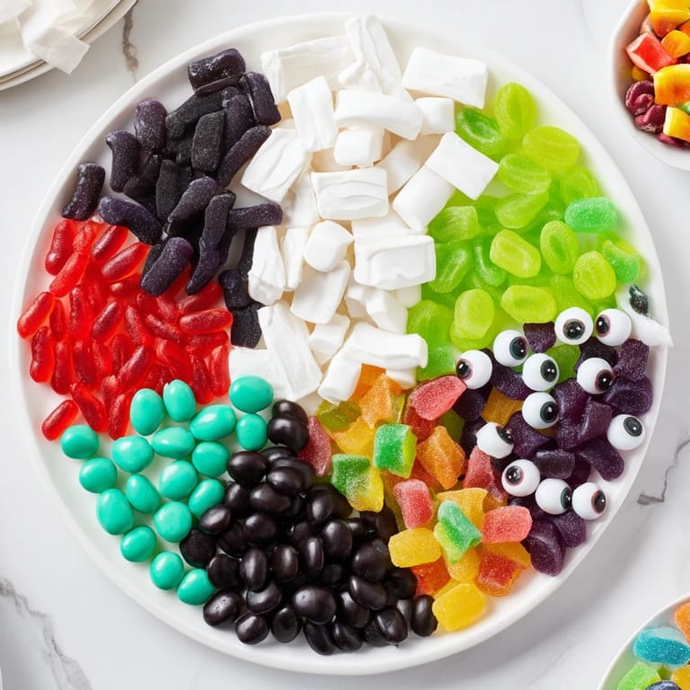 Vivid, layered arrangement of Poison Apple Candy Platter, showcasing apple and poison-inspired themed treats.