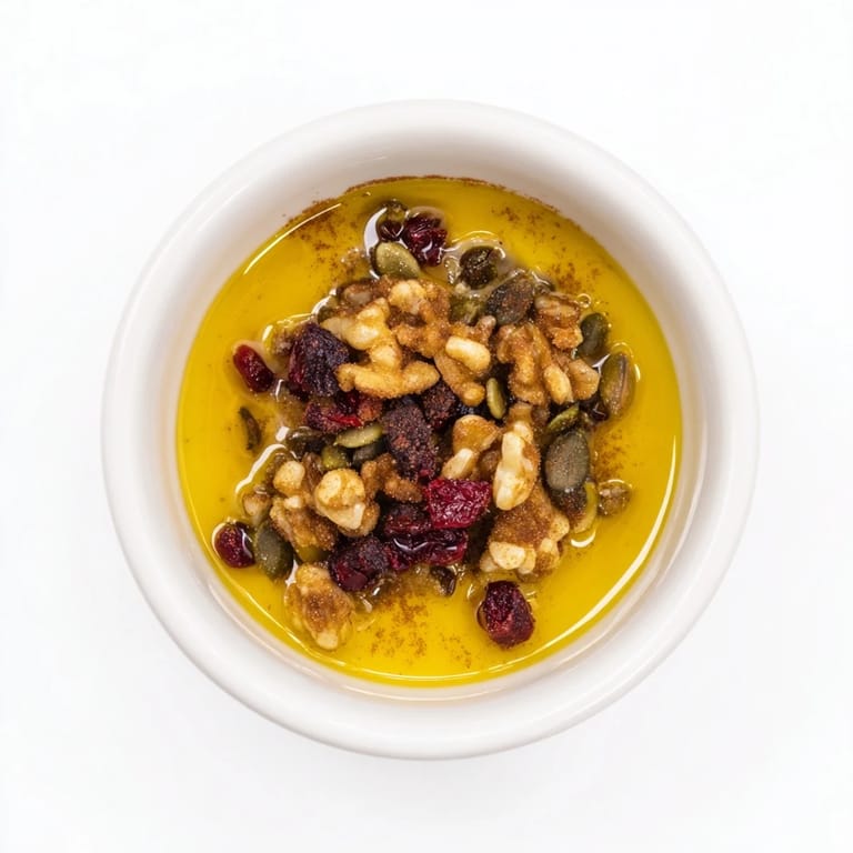 A close-up of a textured Squirrels Gourmet Nut Bowl, showcasing toasted nuts and sweet dried cranberries.