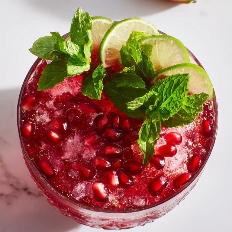 A refreshing Pomegranate and Mint Wreath, served in a glass, with mint and pomegranate garnishes, ideal for parties.