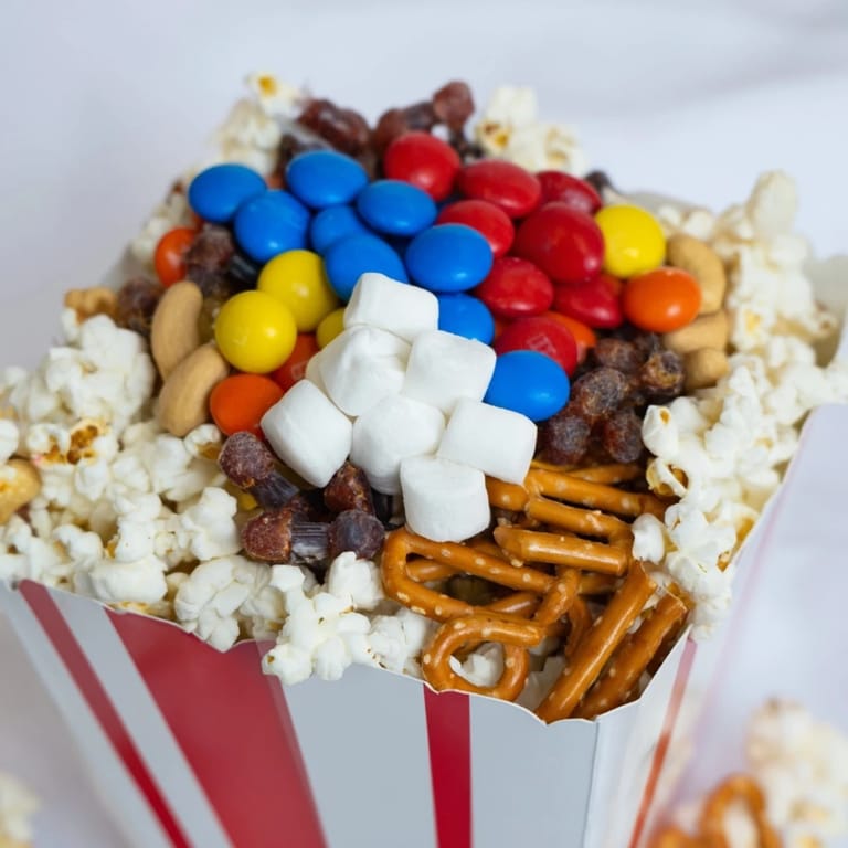 Beautifully arranged popcorn boxes overflowing with treats: a perfect movie night snack platter.